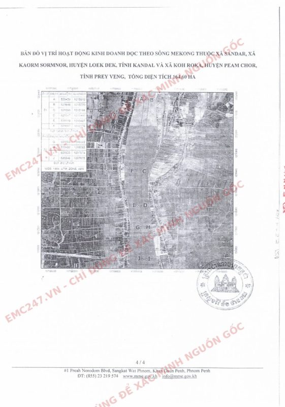 Bản đồ khu vực khai thác cát sông Mekong tỉnh Kandal và Prey Veng, 164,60 ha