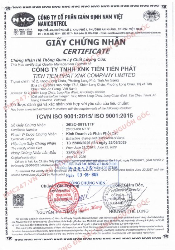 Giấy chứng nhận ISO 9001:2015 Công ty TNHH XNK Tiến Tiến Phát