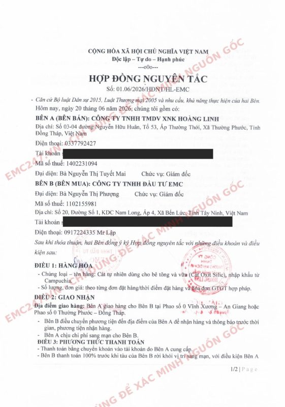 Hợp đồng nguyên tắc 01.06/2026/HĐNT/HL-EMC giữa Hoàng Linh và EMC