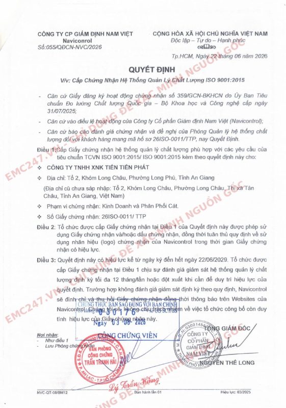 Quyết định cấp chứng nhận ISO 9001:2015 số 055/QĐCN-NVC/2026